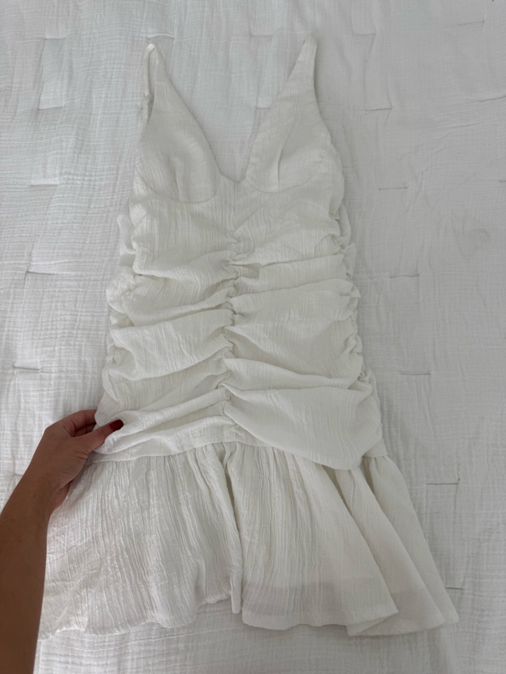 REVOLVE White Ruched V-Neck Mini Dress